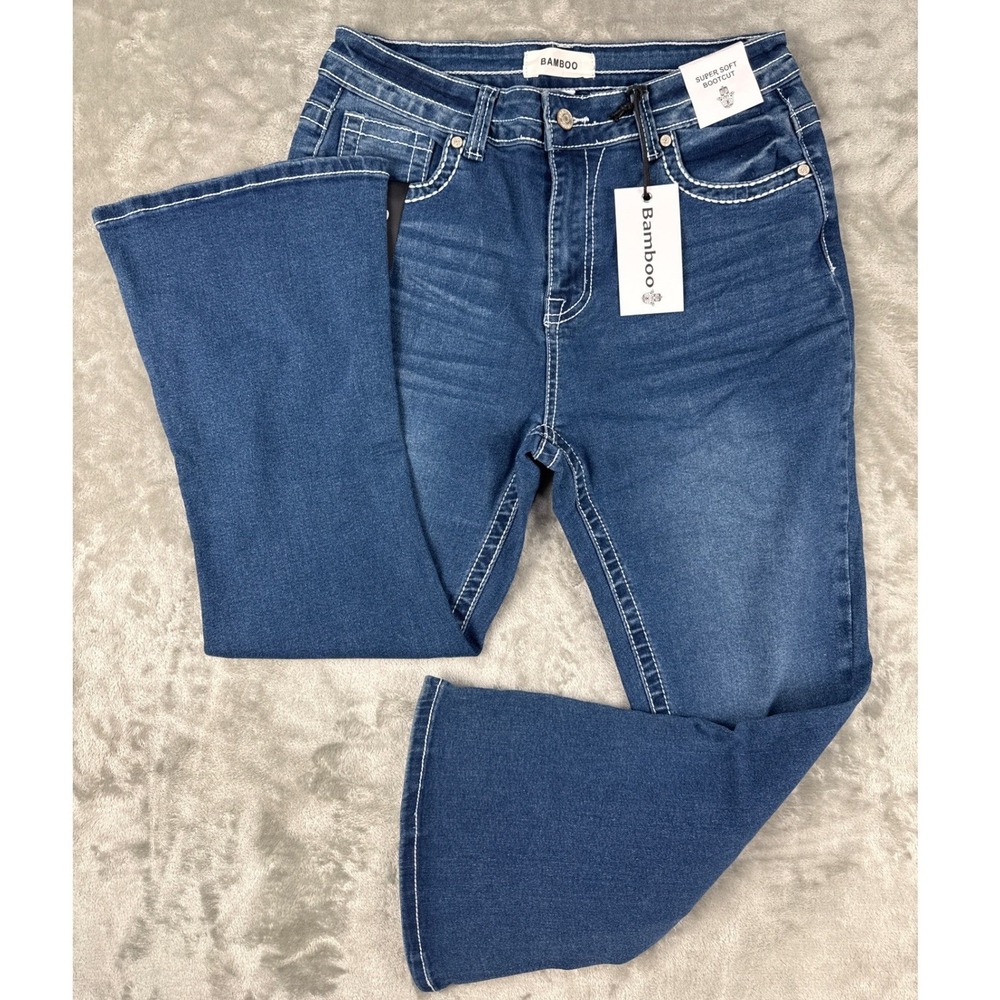 Bamboo Super Soft Bootcut Jeans Medium Wash Rhinestone Contrast Stitch Size 13